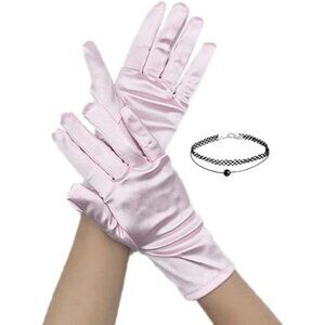 Women's Evening Light Pink Short Satin Lace Gloves Gothic Choker Necklace design